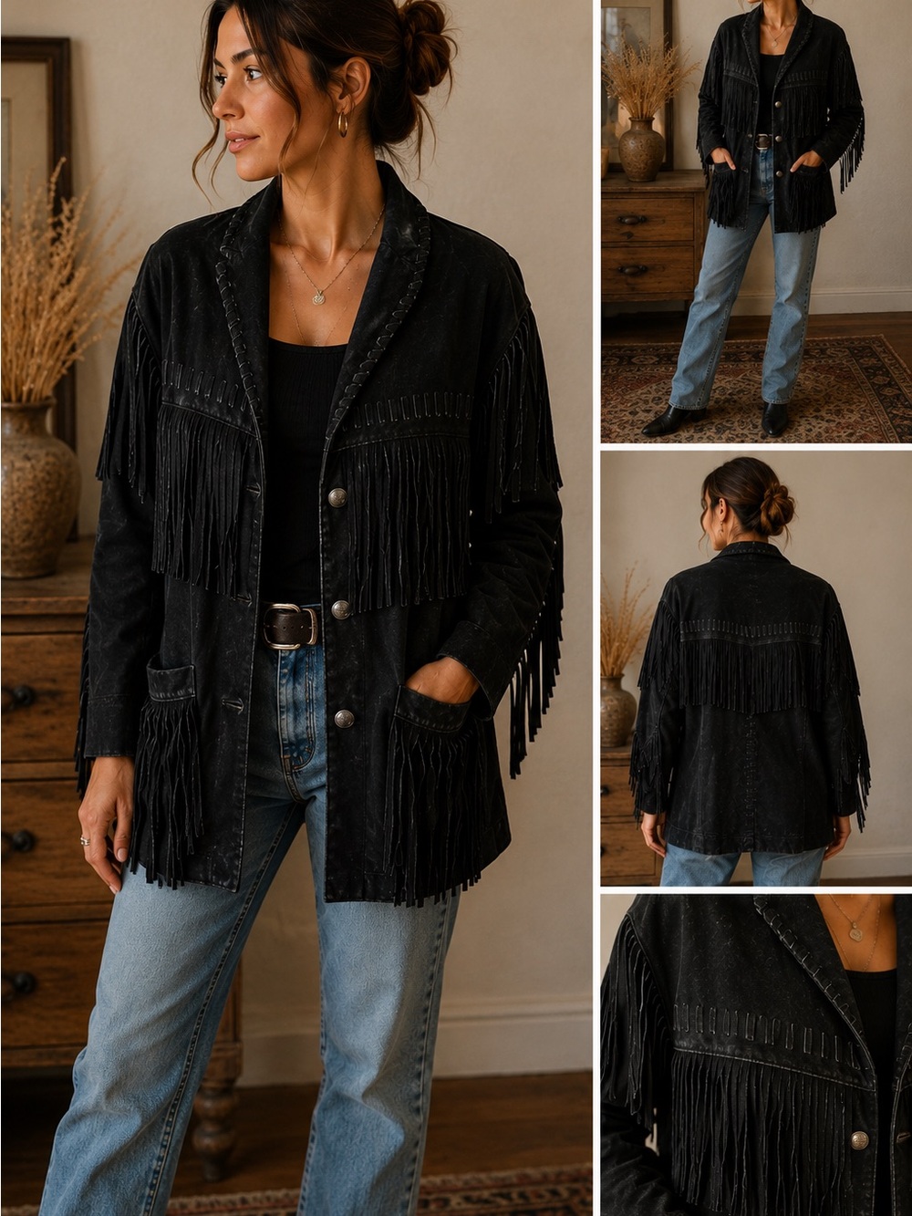 Black Leather Fringe Jacket Western Boho Distressed Suede Sz M